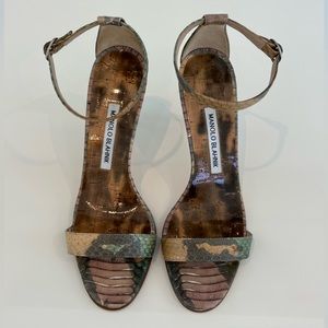 MANOLO BLAHNIK CAMOUFLAGE LEATHER SNAKE PRINT CHAOS SANDALS SIZE 37.5 / US 7.5